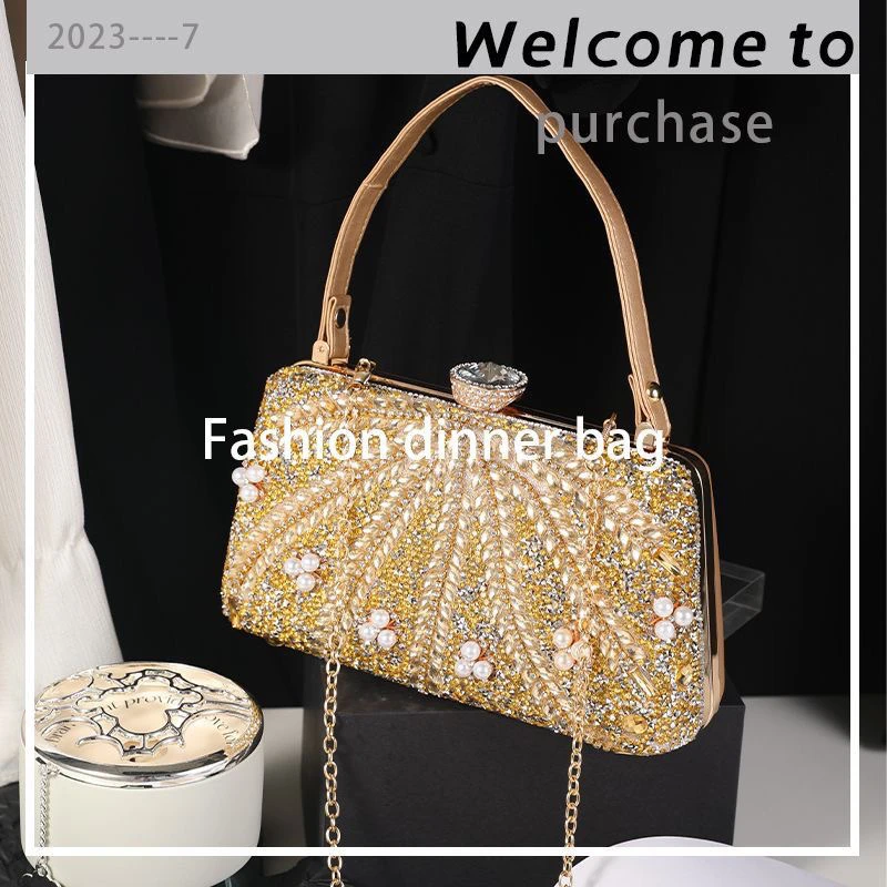 高档皮革镶钻珍珠花晚宴包手提包女宴会搭配旗袍礼服斜挎单肩包