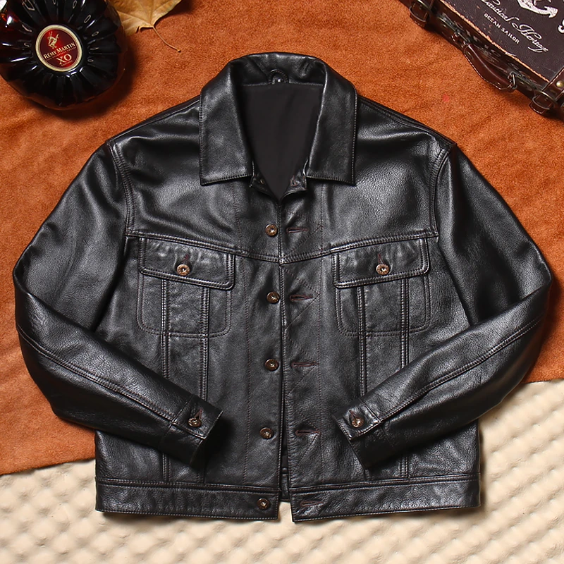 风暴骑士工装牛仔风格头层牛皮男美式复古翻领修身真皮夹克外套