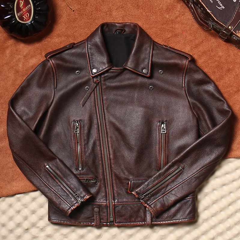 复古石磨水洗做旧头层牛皮机车服男外套翻领斜拉链真皮骑行皮夹克