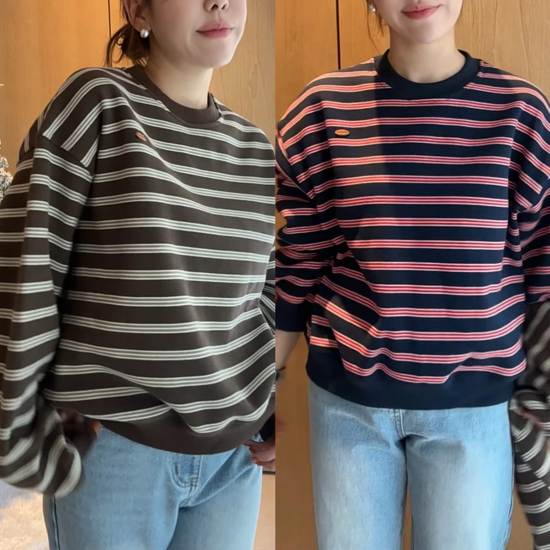 Julia姐姐】韩系时尚圆领加绒条纹卫衣