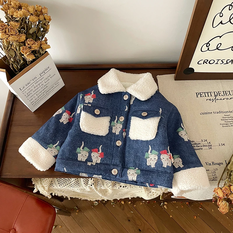 【现货】QW242188秋冬新款儿童牛仔外套女童夹棉保暖棉袄棉服