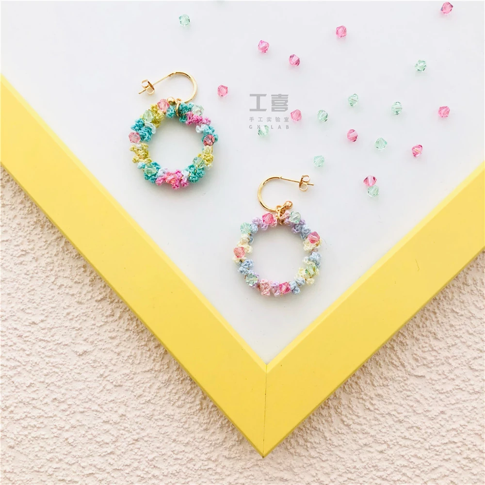 工喜 diy微钩材料包 彩虹糖耳环花环蕾丝线钩针饰品 手工配饰辅料