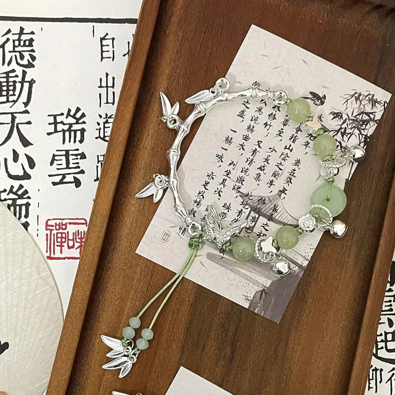 合金手链 新中式古风绿色竹节串珠手链小众设计高级感蝴蝶手链女
