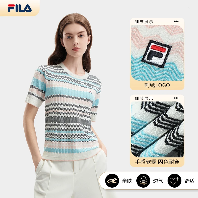 Fila/斐乐女士夏季休闲透气条纹短袖通勤百搭套头T恤F11W421406F