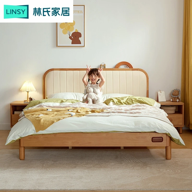 林氏家居原木风高护栏实木框儿童床拼接床加宽软包床KN5A ZH宝宝
