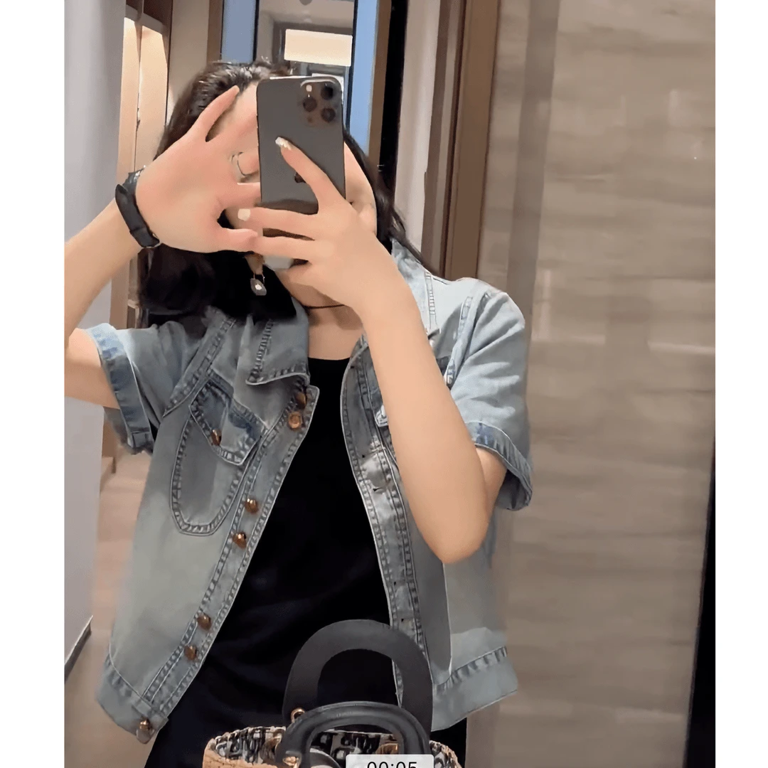 2024夏季新款黑色褶皱短袖连衣裙女高级感气质显瘦短袖牛仔两件套