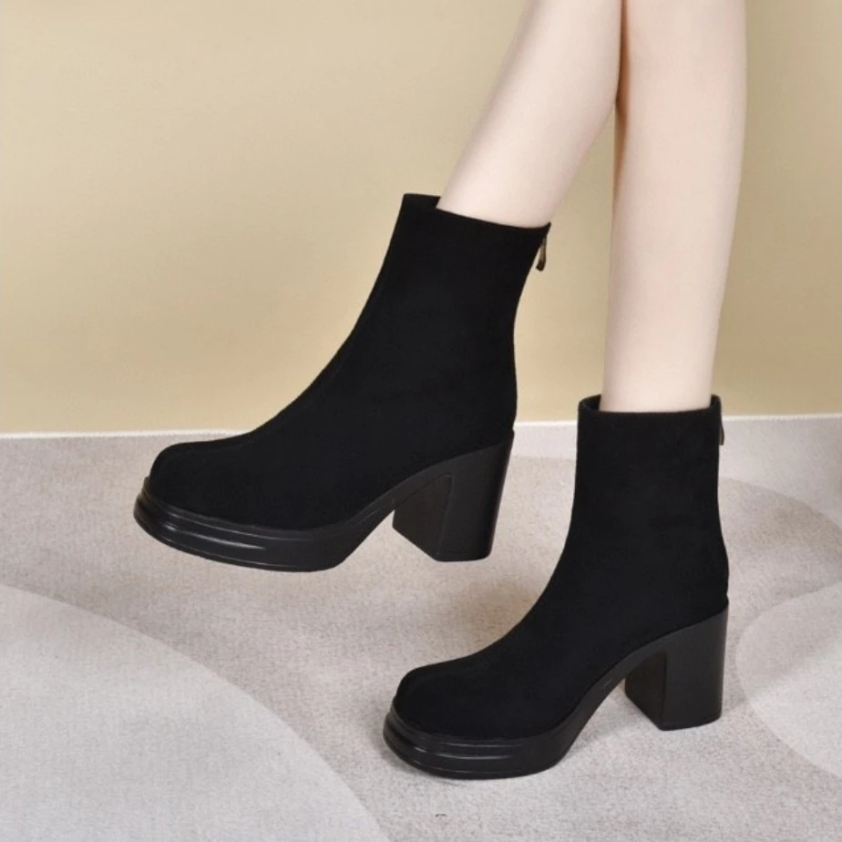 真皮厚底粗跟短靴女2024年冬季新款中跟磨砂羊皮瘦瘦靴加绒马丁靴