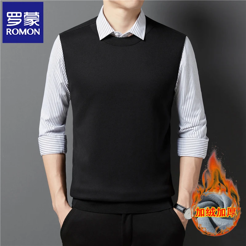 Romon/罗蒙秋冬加绒男士假两件长袖衬衫领毛衣休闲商务男装针织衫