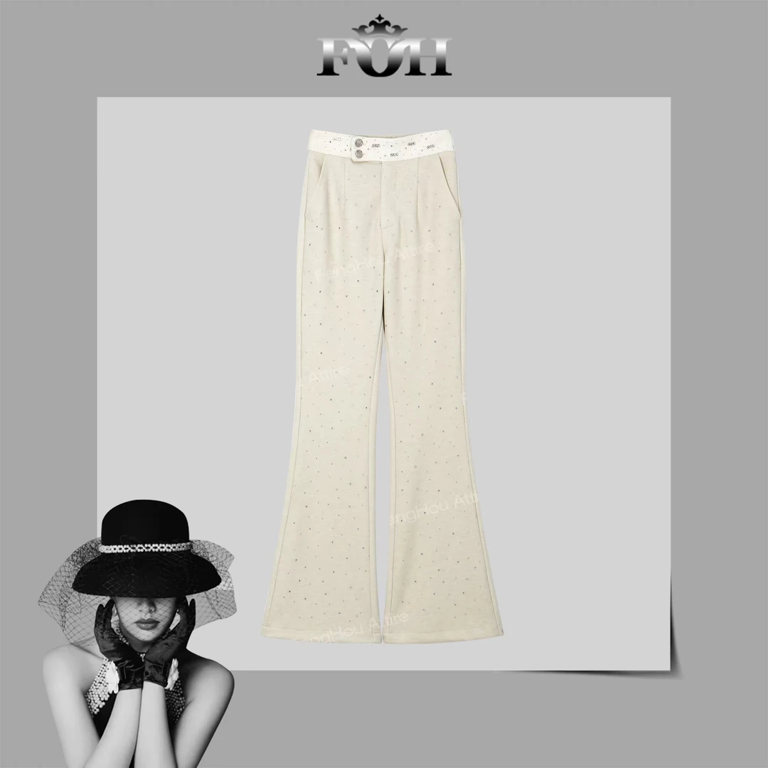 【封后轻奢设计】2024冬季新款百搭减龄烫钻微喇厚款休闲裤8683388