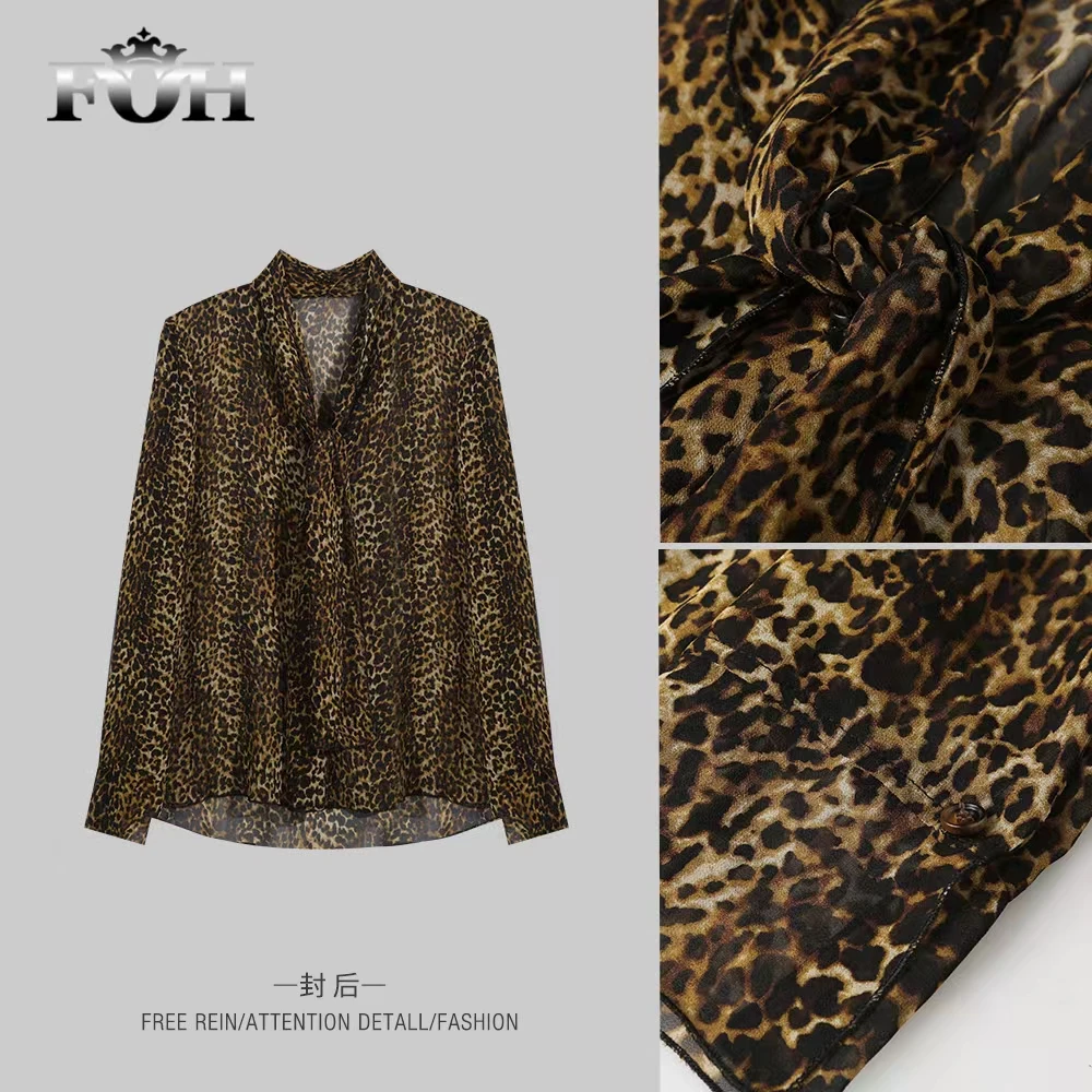 【封后轻奢设计】新款V领绑带时尚百搭豹纹上衣8705010