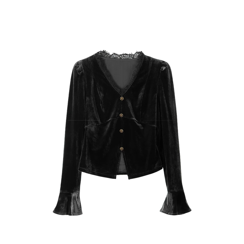 【封后轻奢设计】2024秋季新款法式优雅丝绒喇叭袖上衣8832135