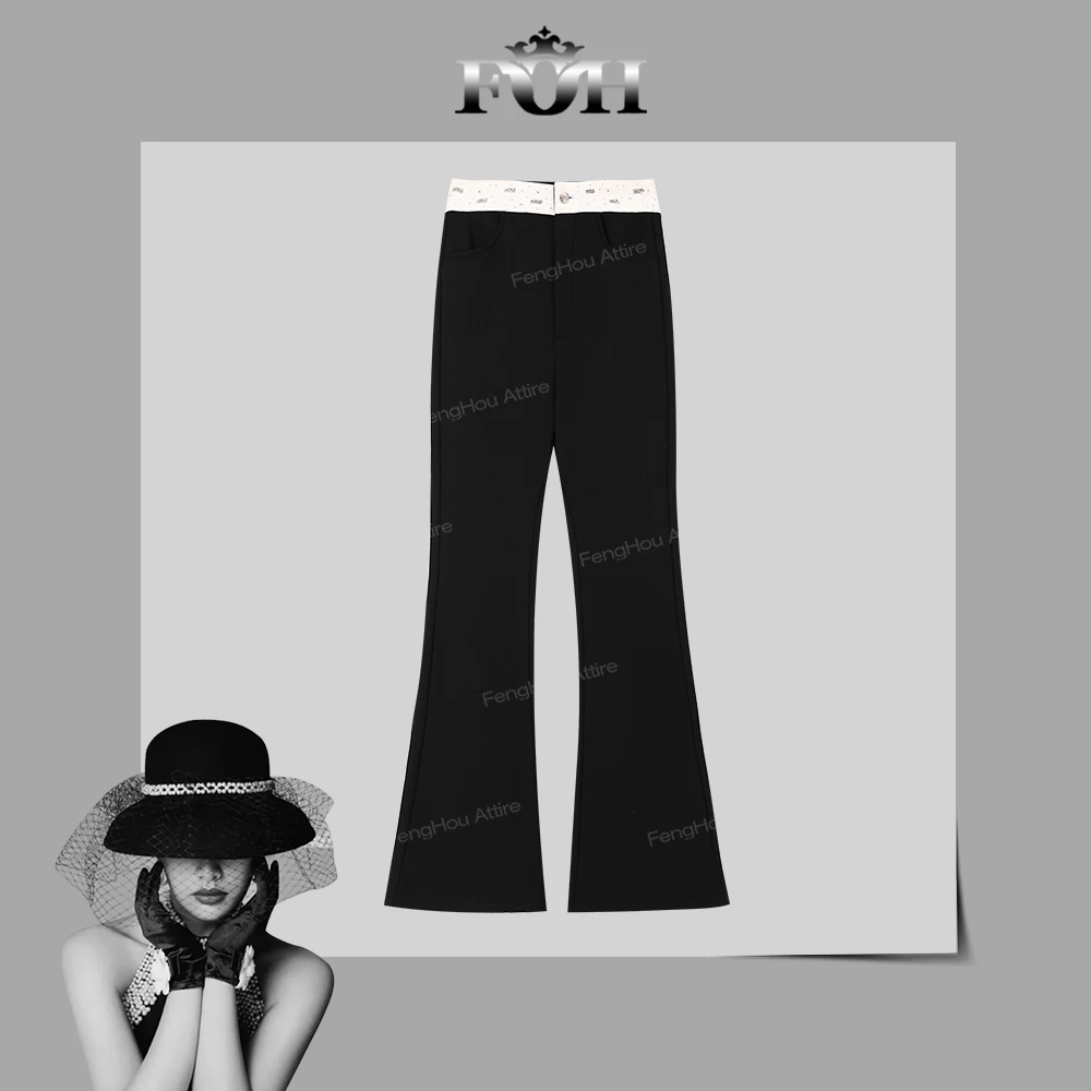 【封后轻奢设计】2024冬季新款撞色高腰微喇厚款休闲裤8863729