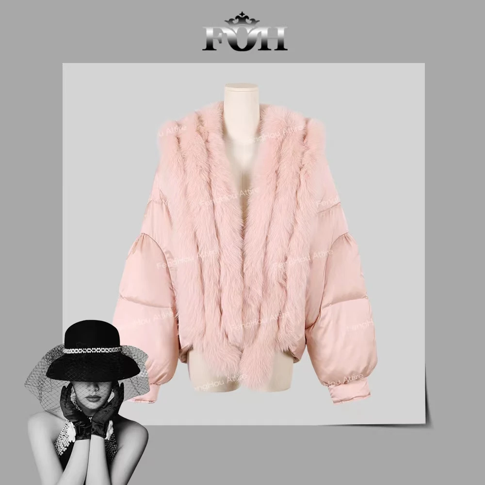 【封后轻奢设计】2024冬季新款气质百搭条领狐狸毛羽绒服23131