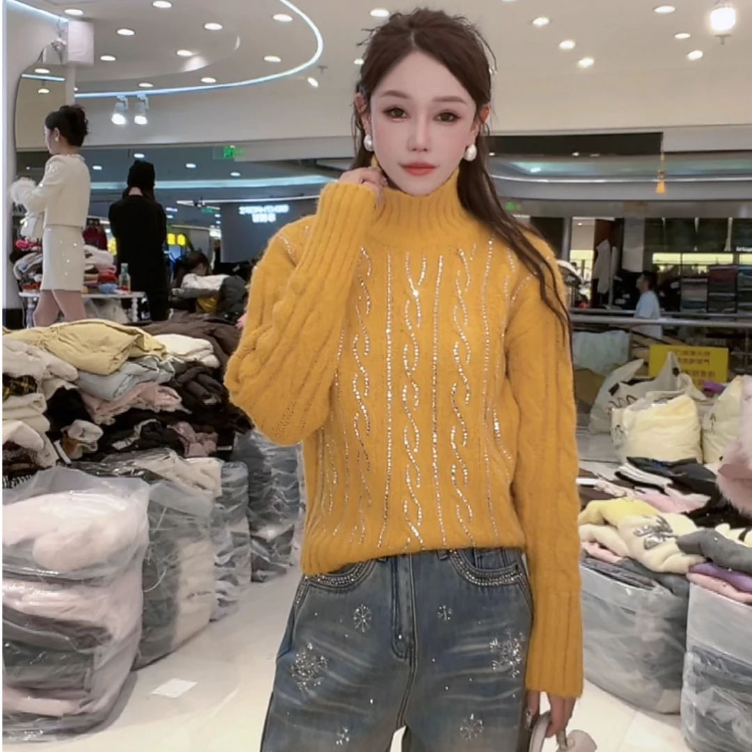 【封后轻奢设计】新款高领麻花烫钻长袖毛衣8300