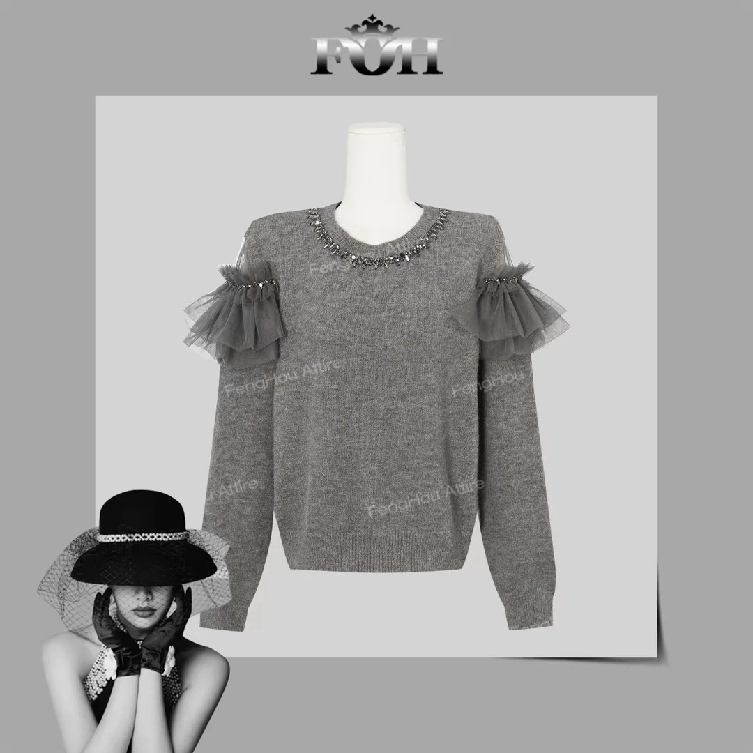 【封后轻奢设计】2024秋冬新款圆领烫钻重工网纱提花毛衣8201