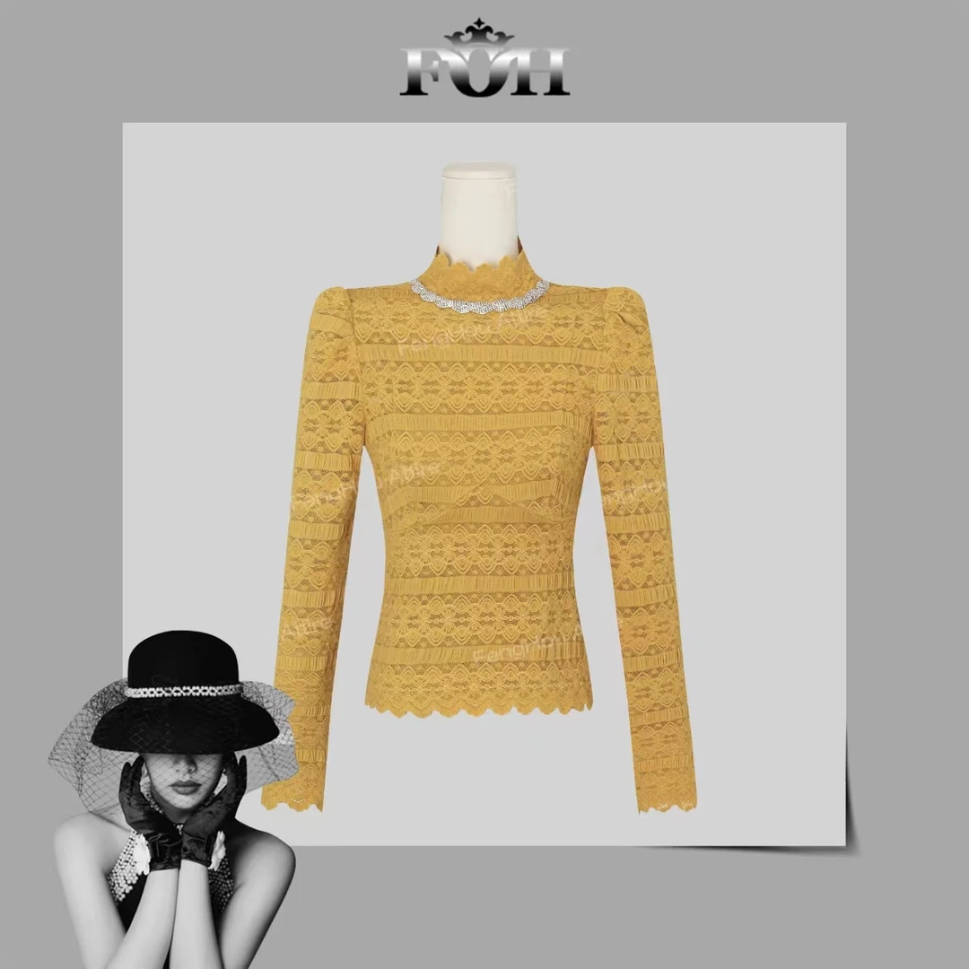 【封后轻奢设计】2024秋冬新款半高领重工烫钻蕾丝打底上衣8863755