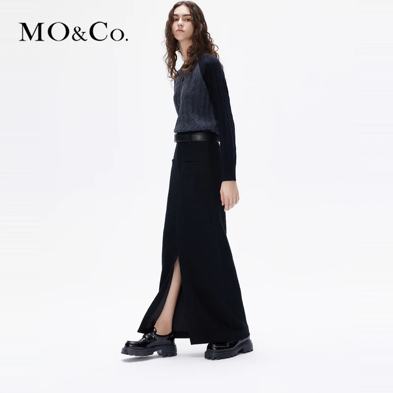 MOCO肌理感高腰长款前开叉半身裙（附腰带）MBC4SKTT03