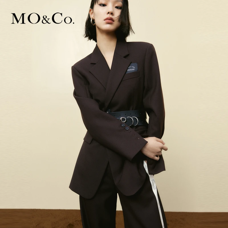 MOCO春秋绵羊毛垫肩廓形西装外套(附腰带)MBC3BLA008