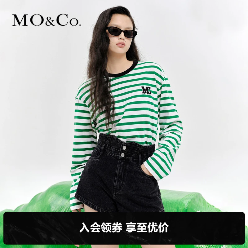 MOCO春季撞色圆领立体MC刺绣棉质条纹长袖T恤MBB3TEET08