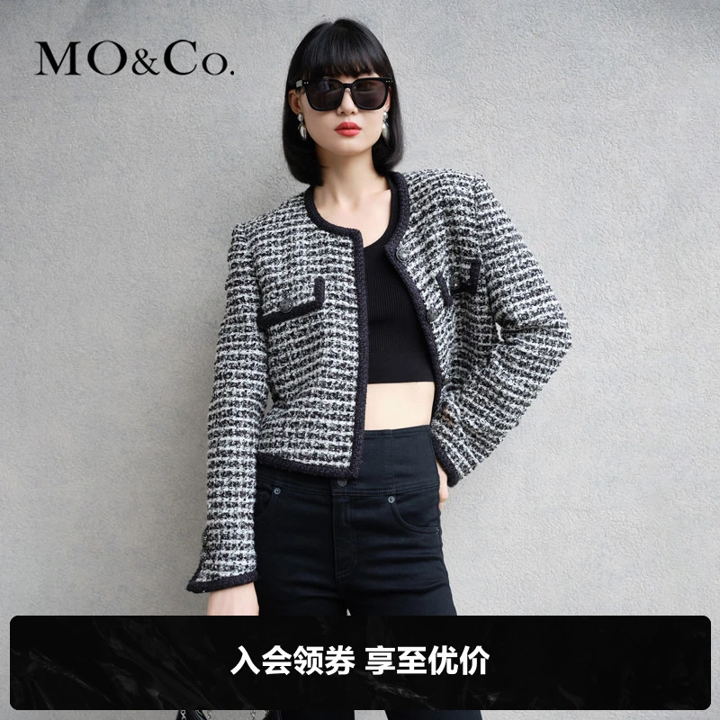 MOCO冬季撞色编织带雕花扣短款粗花呢外套小香风千鸟格MBB4COTT03