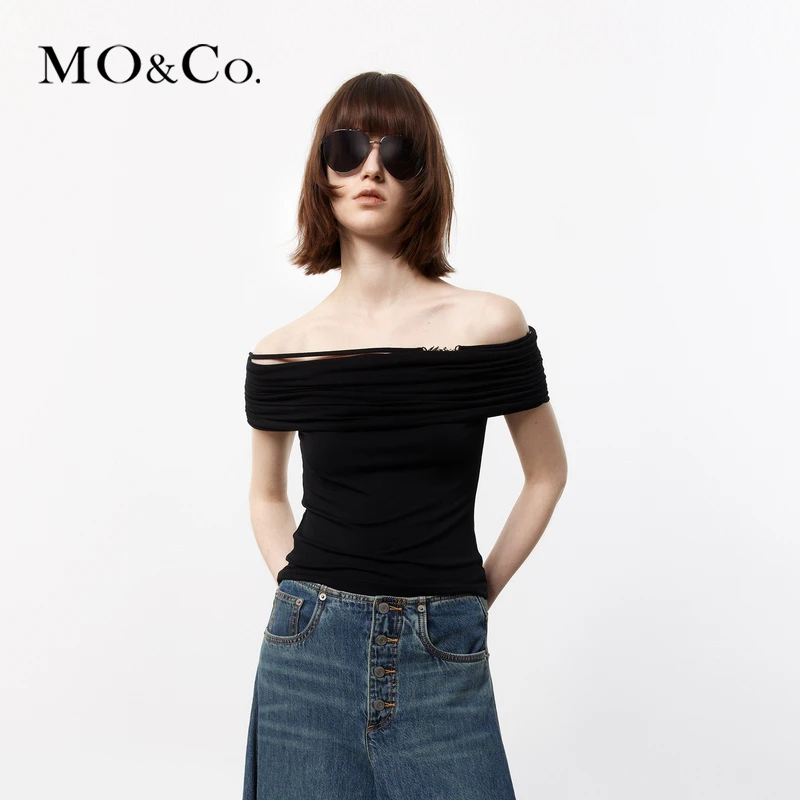 MOCO夏弹力莫代尔翻折捏褶修身一字肩短上衣MBD2TOP023