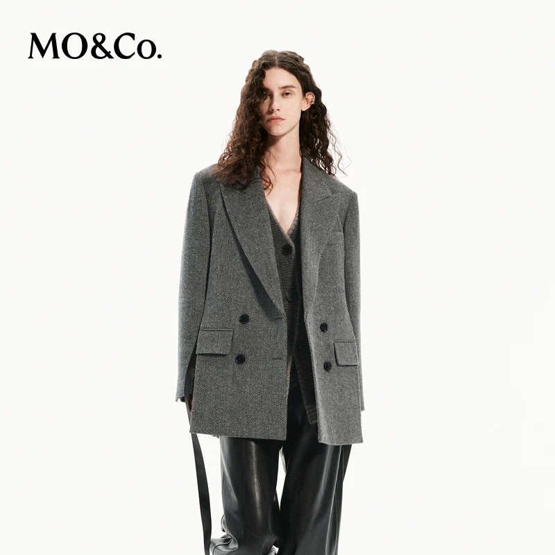 MOCO绵羊毛牦牛绒人字纹飘带垫肩西装外套MBD3COT009
