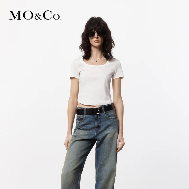 MOCO夏简约U领弧形短款短袖棉质T恤MBD2TEE006