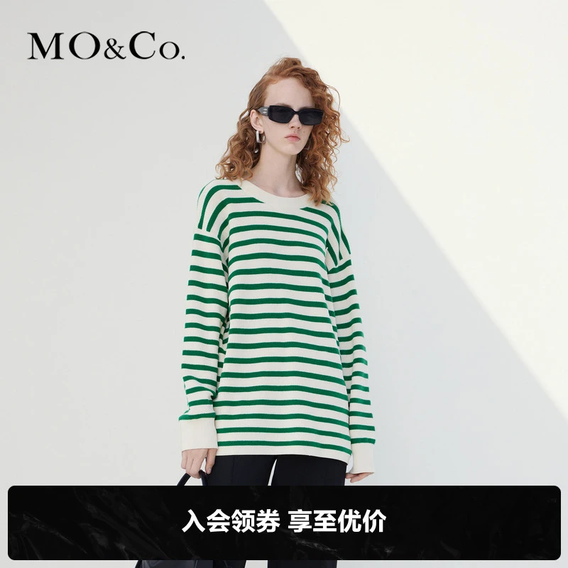 MOCO春绵羊毛混纺宽松条纹毛衣设计感薄荷曼波静奢风MBC1SWT005