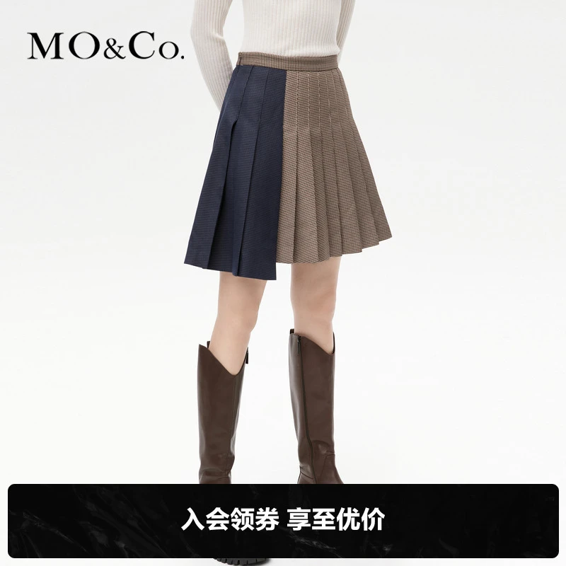 MOCO秋季不规则拼接千鸟格百褶时尚半身裙MBB3SKT014