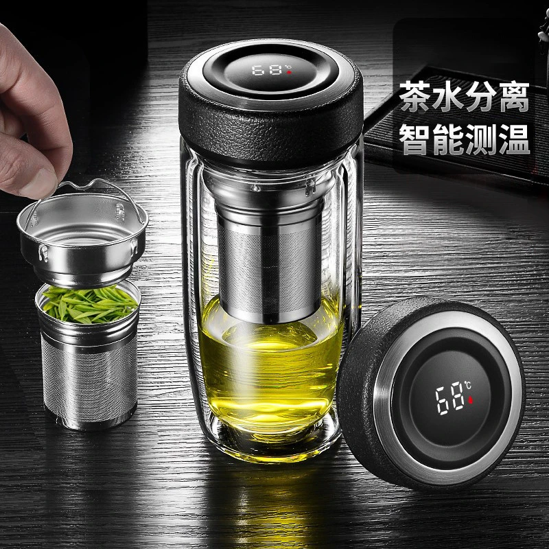 温显鹅蛋杯男士个人专用双层隔热玻璃水杯钢化商务茶水分离泡茶杯