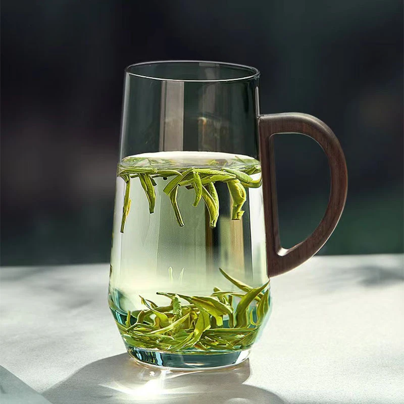 日式猴魁杯胡桃木把绿茶杯高硼硅耐热玻璃水杯耐高温热水花茶杯子