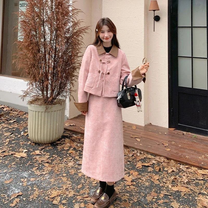 粉色小香风毛呢套装裙女2025秋季新款高级感气质甜美半身裙两件套
