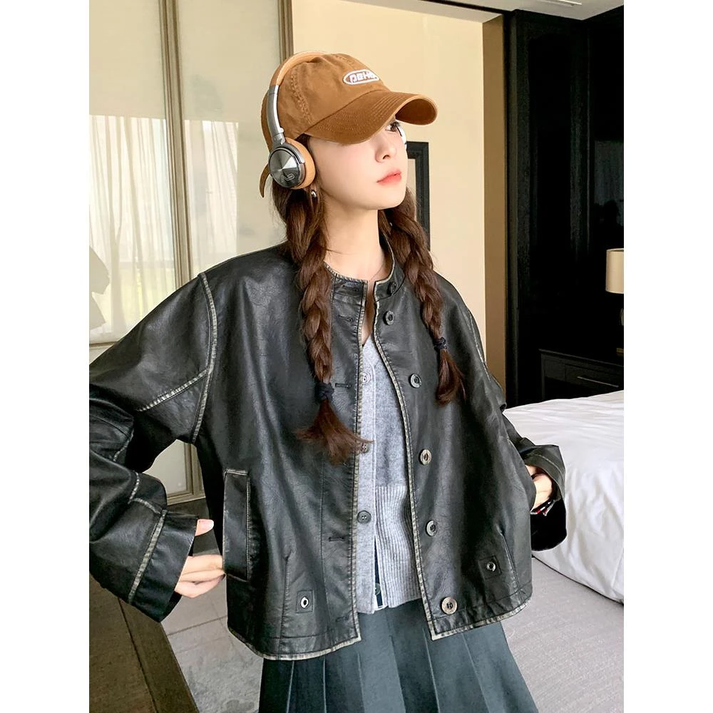 港风复古立领短款黑色皮衣女2024春秋新款宽松显瘦小个子夹克外套