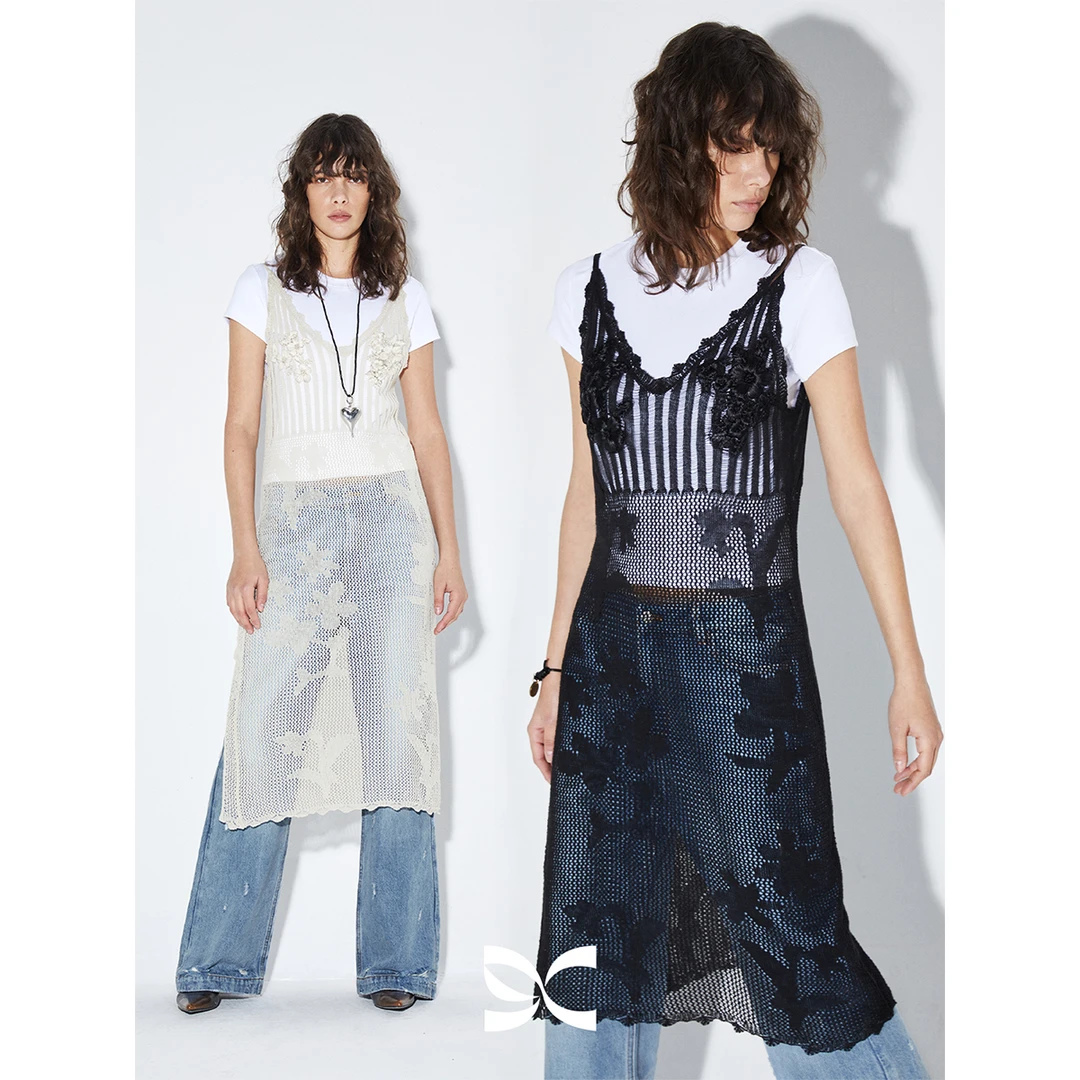 square circle方圆镂空叠穿吊带针织裙女春季新款宽松轻薄连衣裙