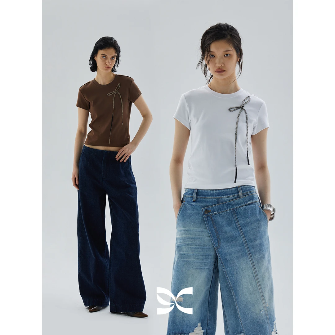 square circle方圆手工钉珠蝴蝶结T恤短款修身百搭夏季圆领短袖