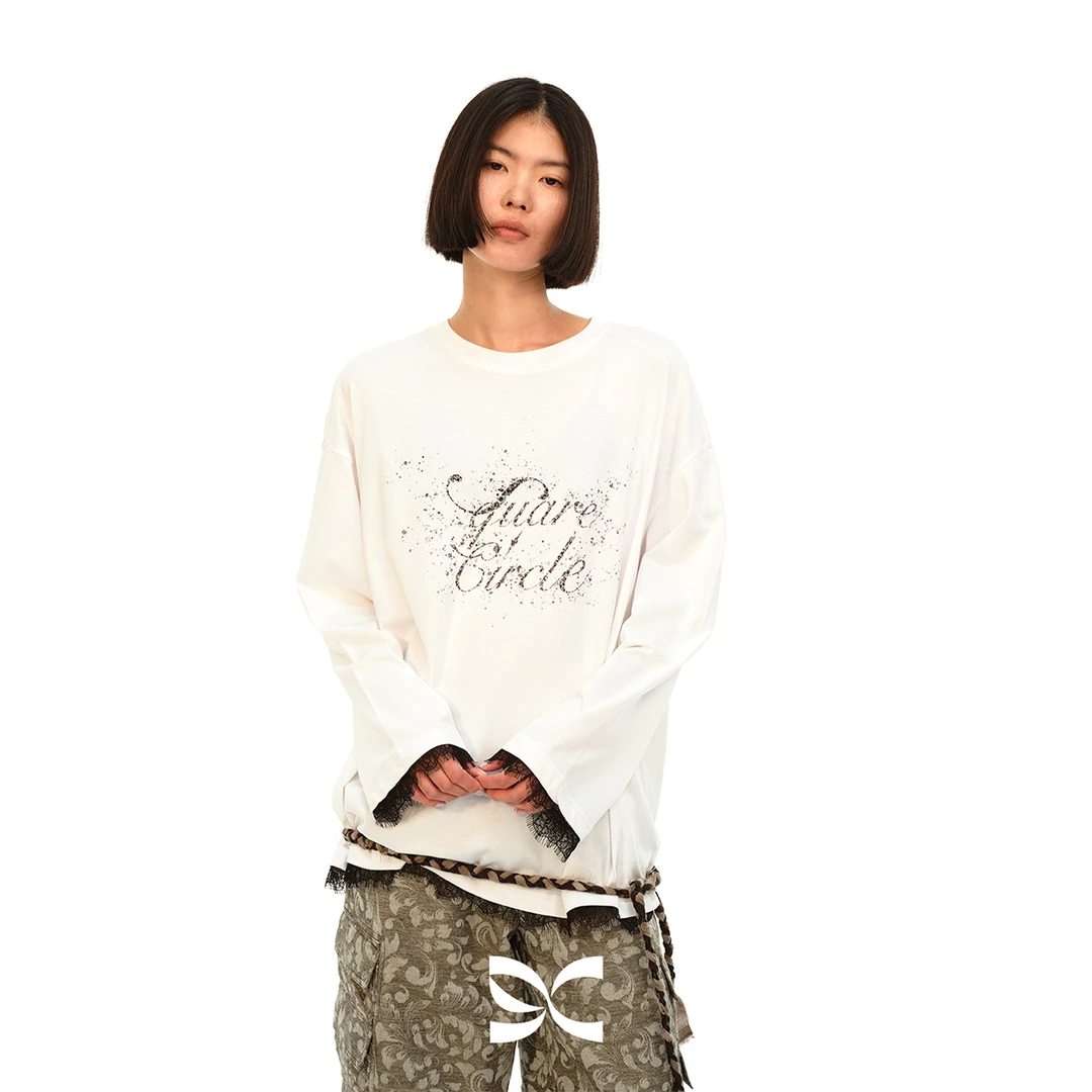 squarecircle方圆小众设计师款LOGO蕾丝拼接全棉泼墨印花长袖T恤