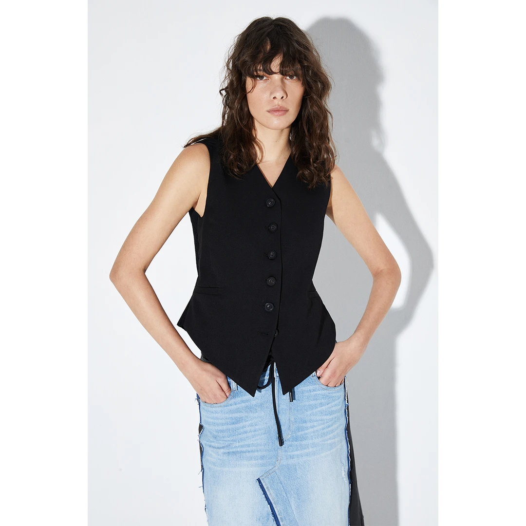 square circle方圆镂空针织拼接原创设计黑色马甲背心