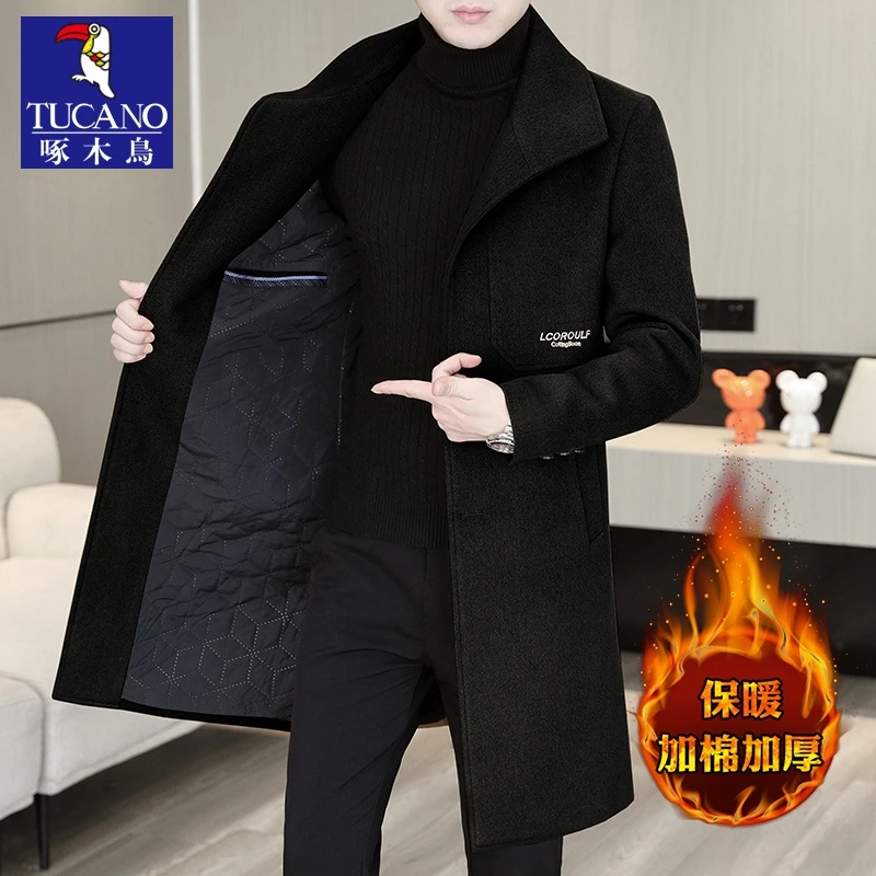 啄木鸟男士中长款纯色风衣加棉加厚品牌外套秋冬新款保暖潮流男装