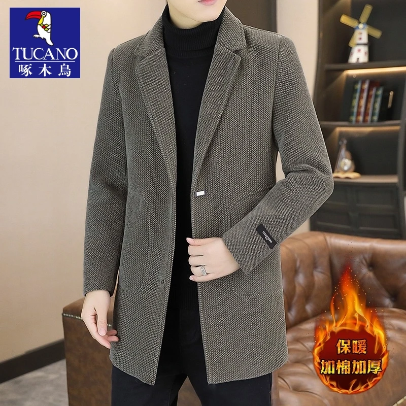 啄木鸟男士中长款高档风衣青年2023秋冬季新款纯色西装领大衣外套