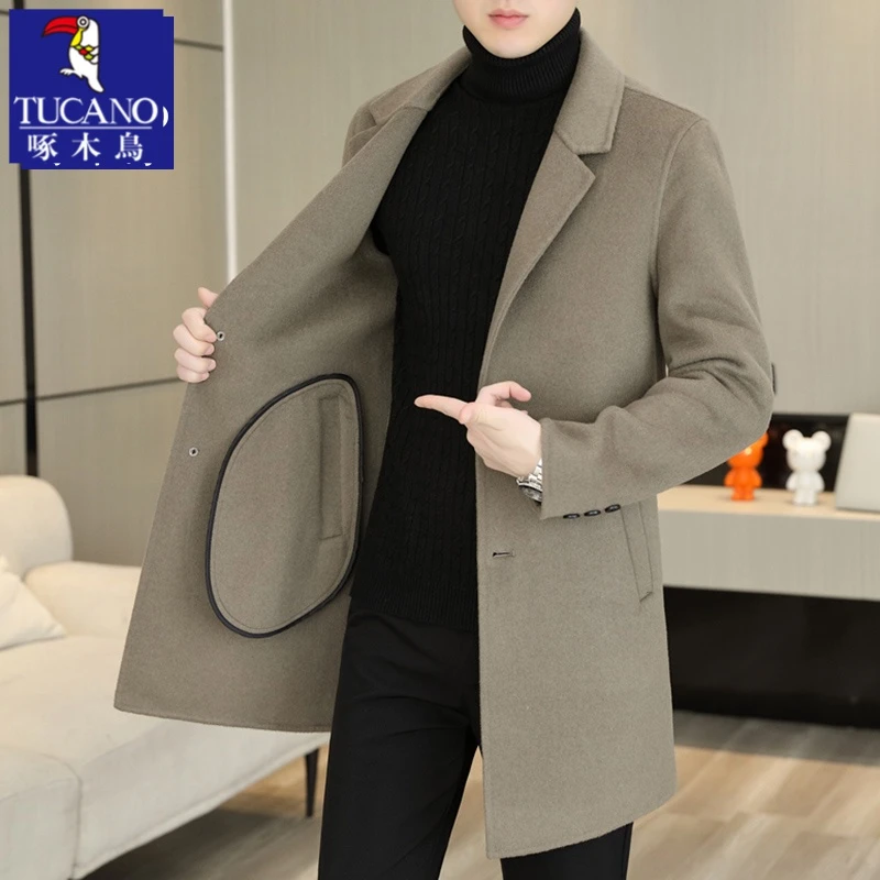 啄木鸟中长款双面呢外套男士秋冬季新款毛呢大衣休闲保暖呢子风衣