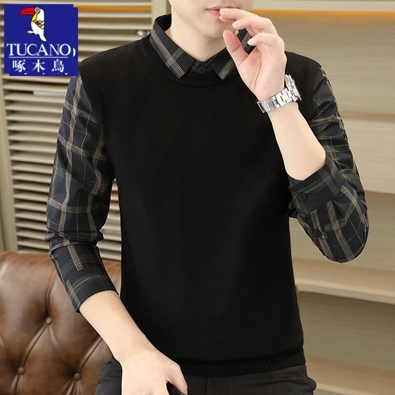 啄木鸟毛衣男士假两件针织衫秋冬保暖格子马甲线衣衬衫领打底衫潮