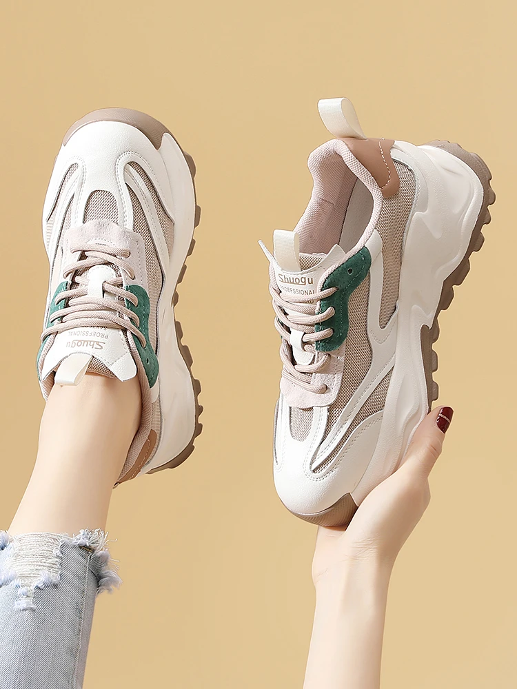 真皮厚底老爹鞋女潮ins复古2024年新款春秋季百搭松糕休闲运动鞋