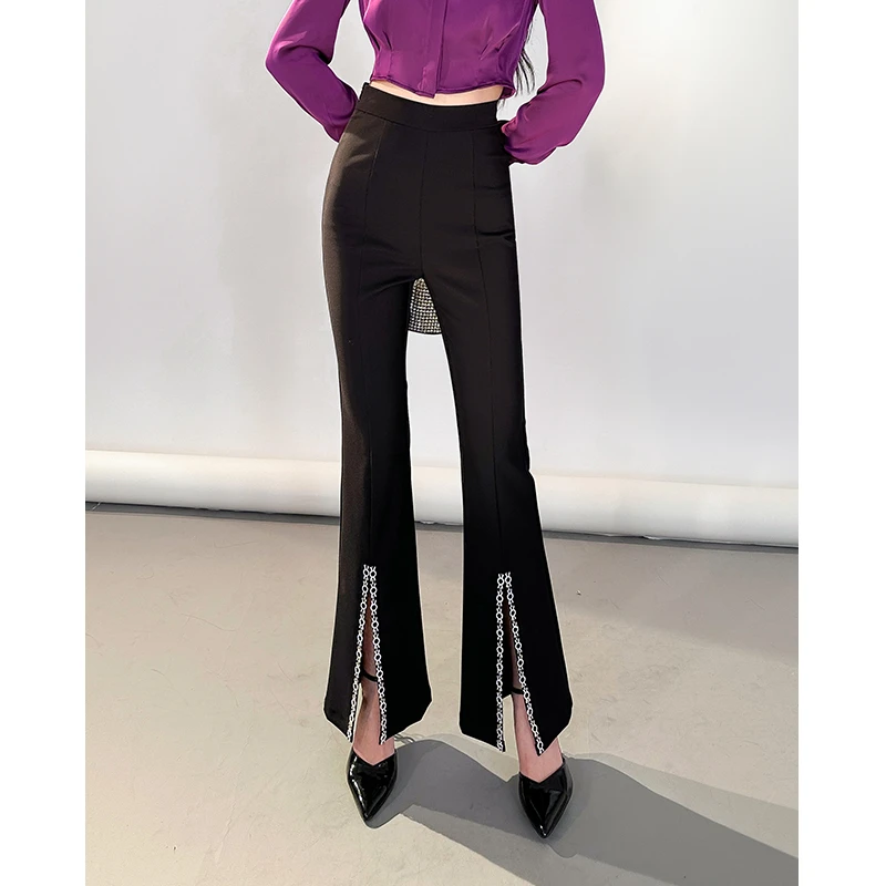 格润雅「长腿秘籍」黑色高腰显瘦裤子2025春季时尚设计感开叉微喇裤