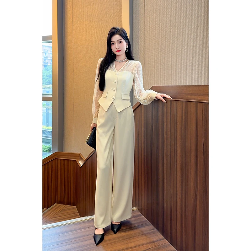 格润雅【蕾丝猎手】2024年秋季新款气质两件套设计感上衣高腰阔腿裤