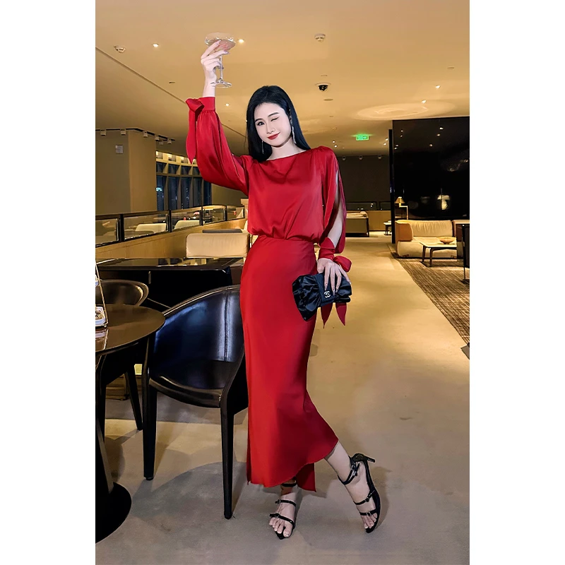 GOOUNYA/格润雅轻奢气质套装2025不规则系带上衣开衩半身裙两件套