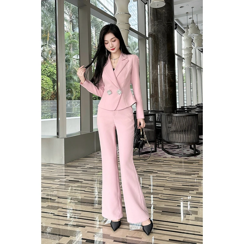 格润雅【绝色蜜桃】高冷范女装两件套新款时尚减龄外套高腰微喇裤