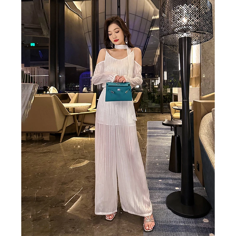 「奕芊」时尚职业套装女新款洋气露肩衬衫遮肉高腰阔腿裤两件套潮