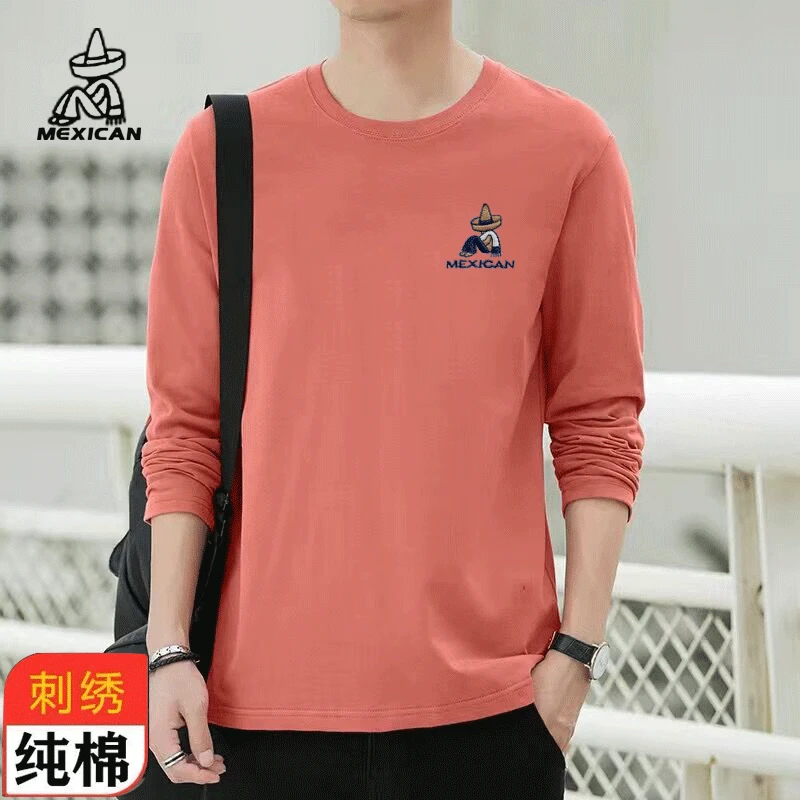 稻草人刺绣纯棉新款春秋男士长袖t恤内外搭圆领宽松大码打底衫男