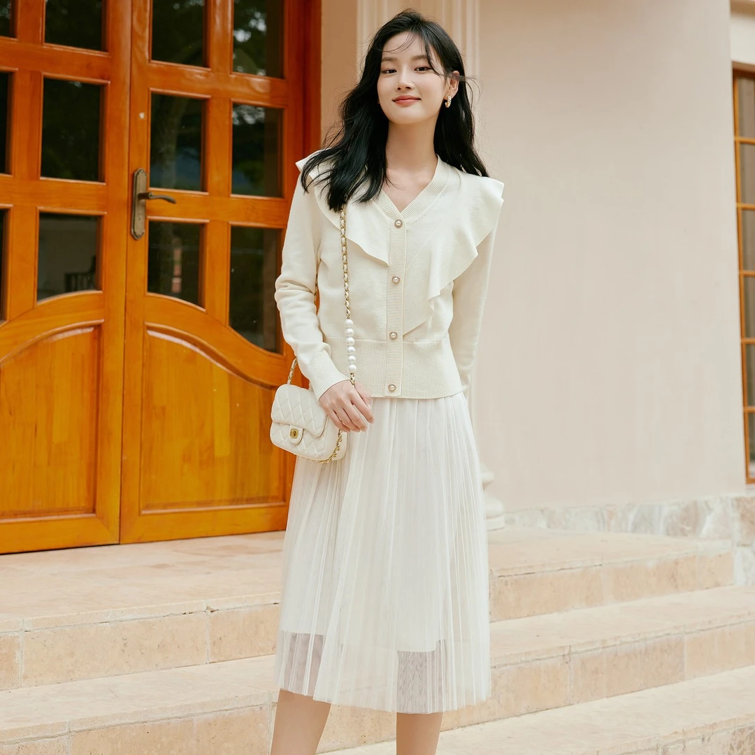 【陈大可专属】荷叶边针织网纱百褶裙两件套装920835999