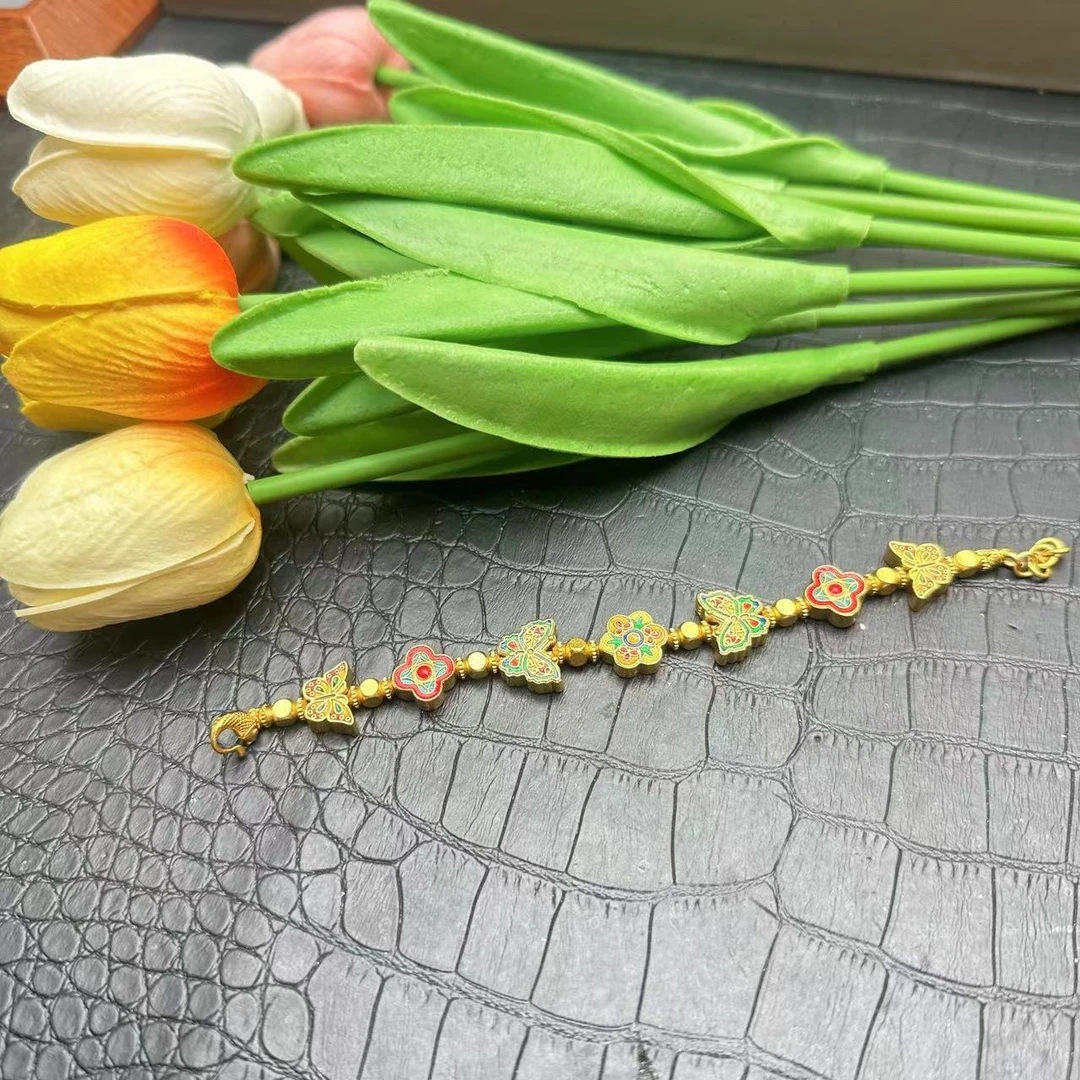 铜合金手链 蝶恋花手链气质时尚百搭黄色镶嵌精美烧蓝素款